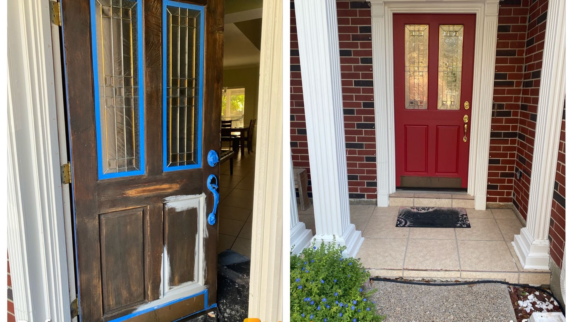 Door renovation process: before and after painting a wooden front door
